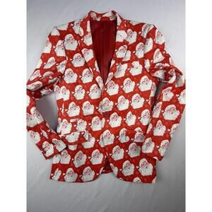 Suslo Couture Blazer Jacket Mens Small Red Santa Print Slim Fit Christmas Party